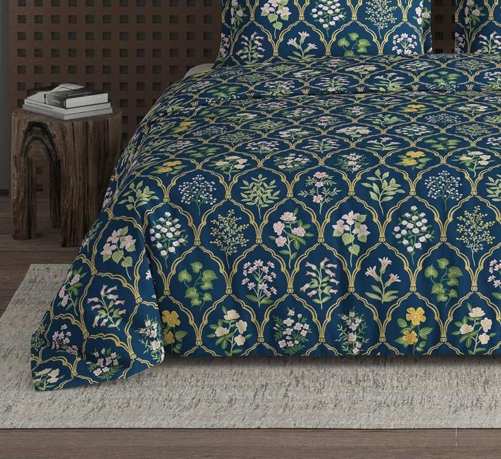 Image of DECOMIZER Cotton Feel All Around Elastic Fitted Glace Printed Single Bed Bedsheet with 1 Large Pillow Cover Fits Upto Mattress of 6 Inches,Size - 42 x 75 x 8 Inches, Navy Jaipuri