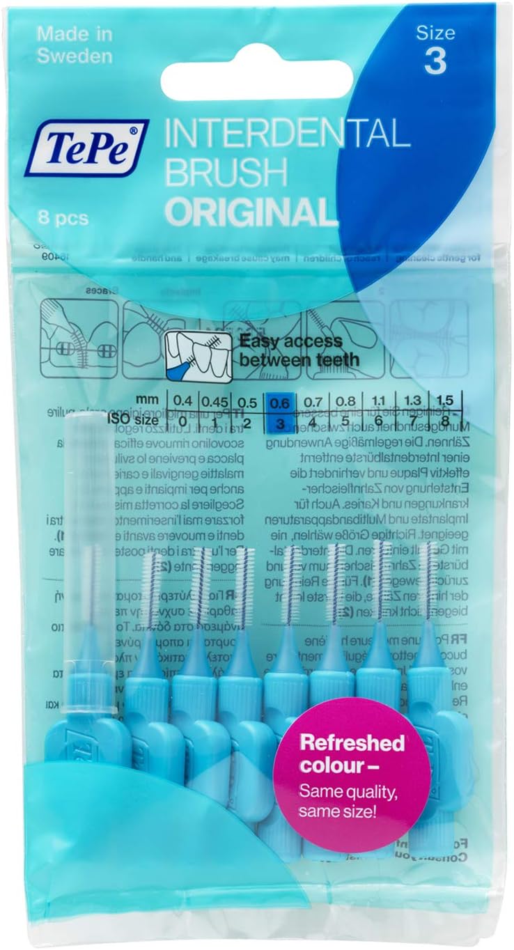 TePe Interdental Brush, Original, Blue, 0.6mm/ISO 3, 8pcs, Plaque Removal, efficient Clean Between The Teeth, Tooth Floss, for Small Gaps