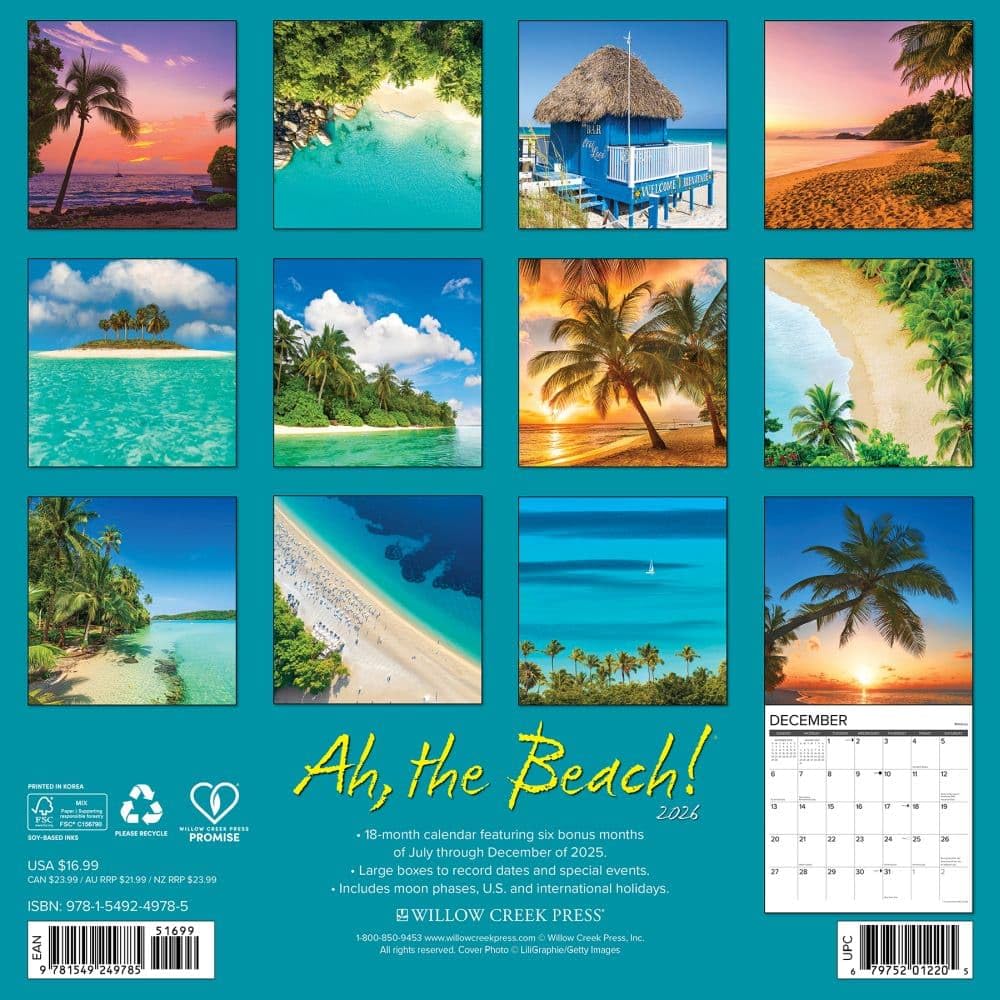 Ah, The Beach! Calendario de pared 2026 de 12 x 12 pulgadas