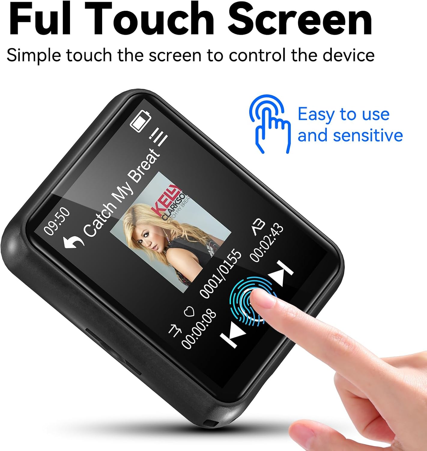 A hand interacting with the PINHUI MP3 Player's full touch screen, showing a music playback interface.