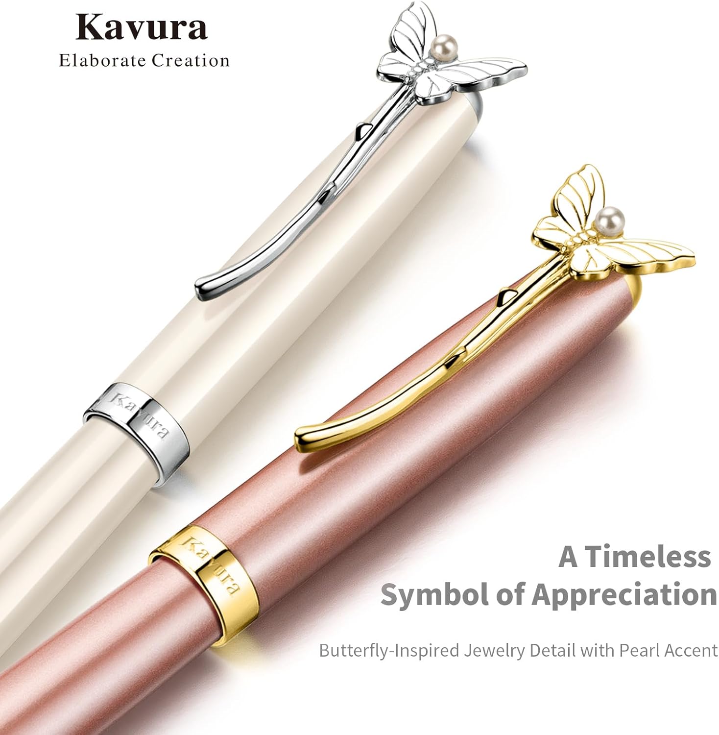 Butterfly & Pearl Rollerball Pen – Elegant Brass Pen Gift Set for Women, Jewelry-Inspired Design, Glossy Finish, with German Refill, Gift for Her, Graduation & New Beginnings(Pearl White)