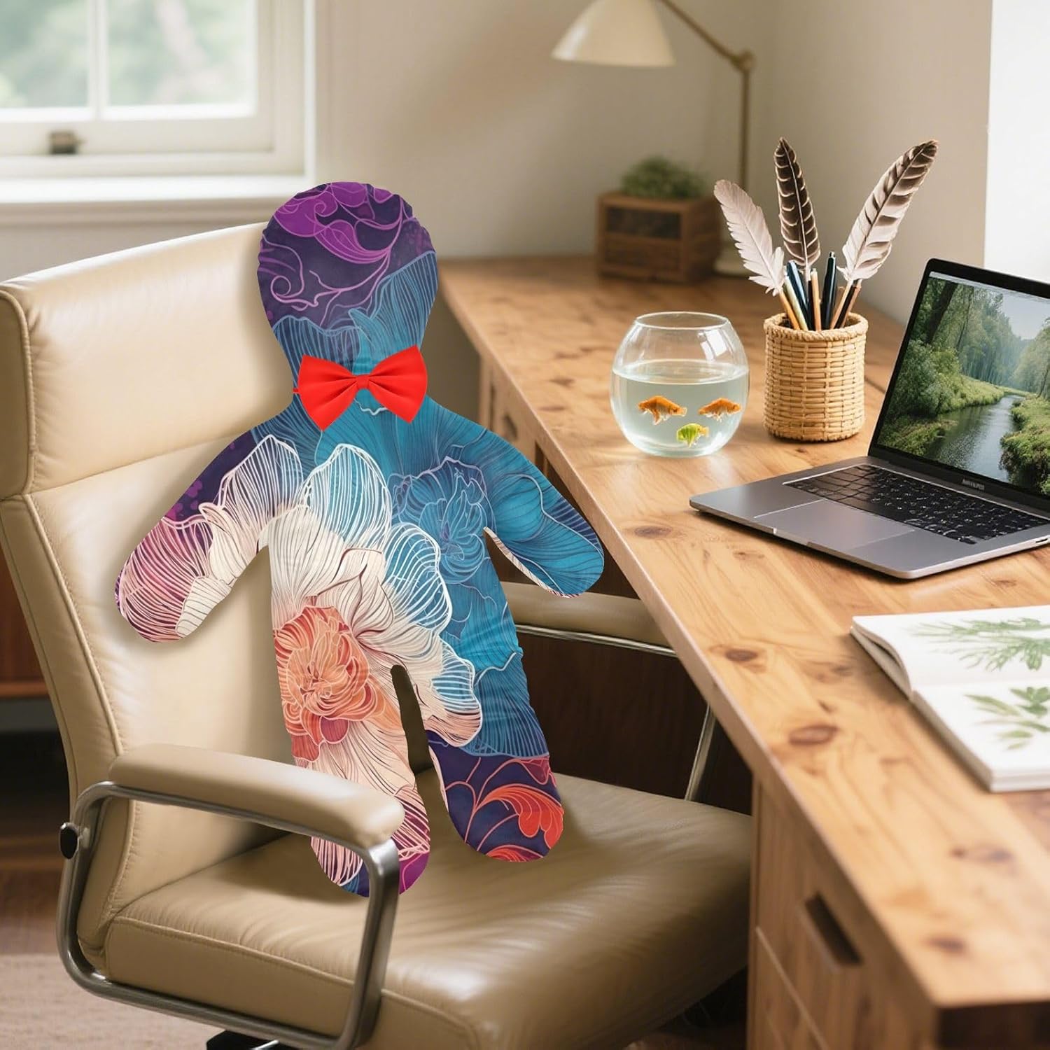 Colorful Line Flower Human-Shaped Pillow Soft Body Pillows Washable Velvet Pillows for Anxiety Relief Sleeping Cuddling & Support