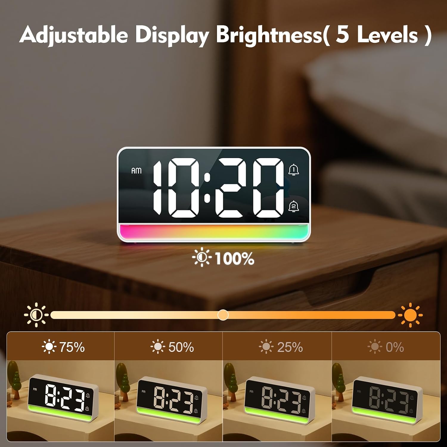 ALANAS Large Display Digital Alarm Clock for Bedrooms,RGB Color Night Light, Dual Alarms, USB Charging Port, Snooze, Adjustable Brightness, Loud Alarm for Heavy Sleepers, Simple Plug in Clocks