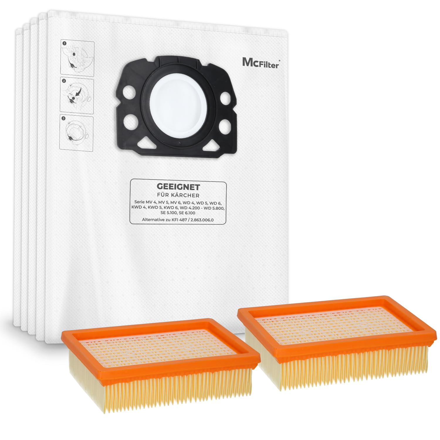 McFilter I 10 sacchi polvere + 2 filtri compatibili con Kärcher WD4 P S V-20/5/22, WD5 P V-25/5/22, WD6 P S V-30/6/22/T, MV4, MV5, MV6 Alternativa per Kärcher KFI 487 come KFI 4410 - Tipo KA 33