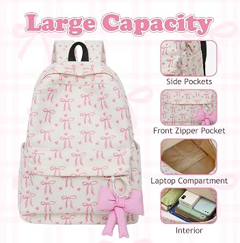 Aesthetic School Bag, Beige School Backpack with Pink Bow Charm, Waterproof Corduroy Kids Backpack, Kids Rucksacks for Girls, Practical Gifts for Birthdays & Holidays