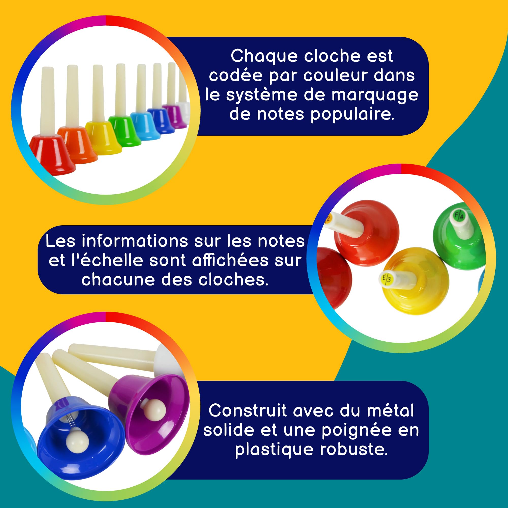 Cloches à Main Diatoniques A-Star - Lot De 8 - Arc-en-Ciel - C6 à C7 - Éducatif Musical