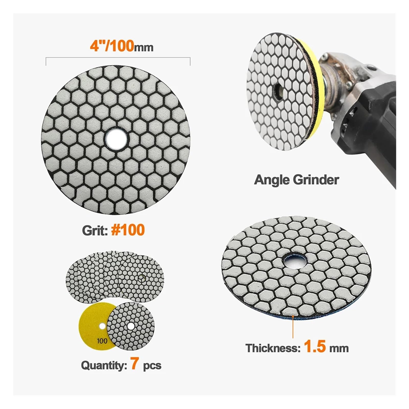 Set di 6 Dischi abrasivi for lucidatura a Secco for Marmo, Granito, Ceramica, Pietra e smerigliatrici angolari, Diametro 100 mm, 4 Pollici(6pcs Grit 1500)
