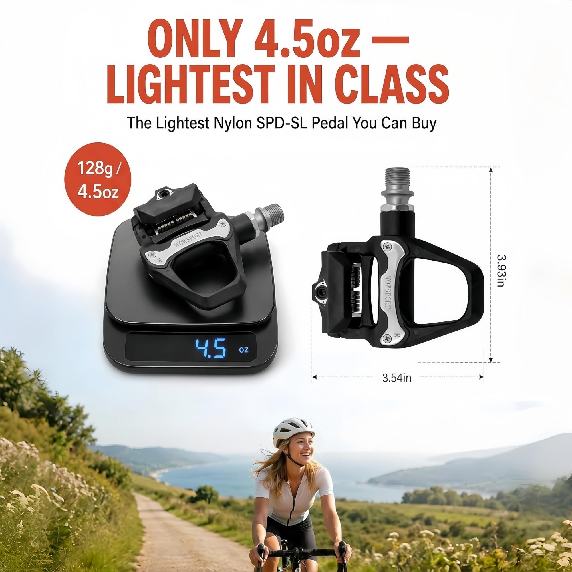 WOWSPORT Pedales de bicicleta de carretera sin clip W500-9/16 pulgadas, diseño ultraligero sin clip con tacos de 3 pernos, compuesto de nailon y rodamientos sellados
