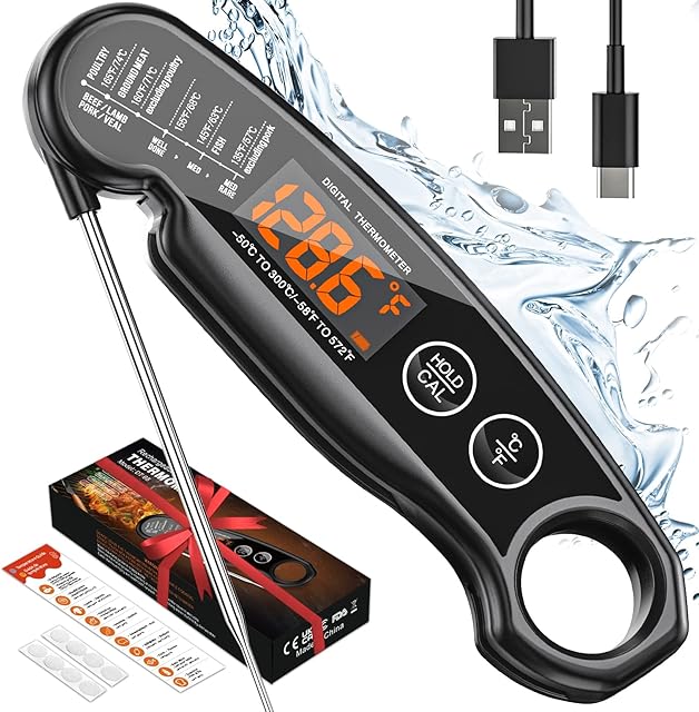 Food Thermometer, Umedo Digital Meat Thermometers Rechargeable with Backlight & Auto On/Off, Waterproof Instant Read Cooking Thermometer for Meat, Deep Frying, Baking, Outdoor Cooking, Grilling & BBQ