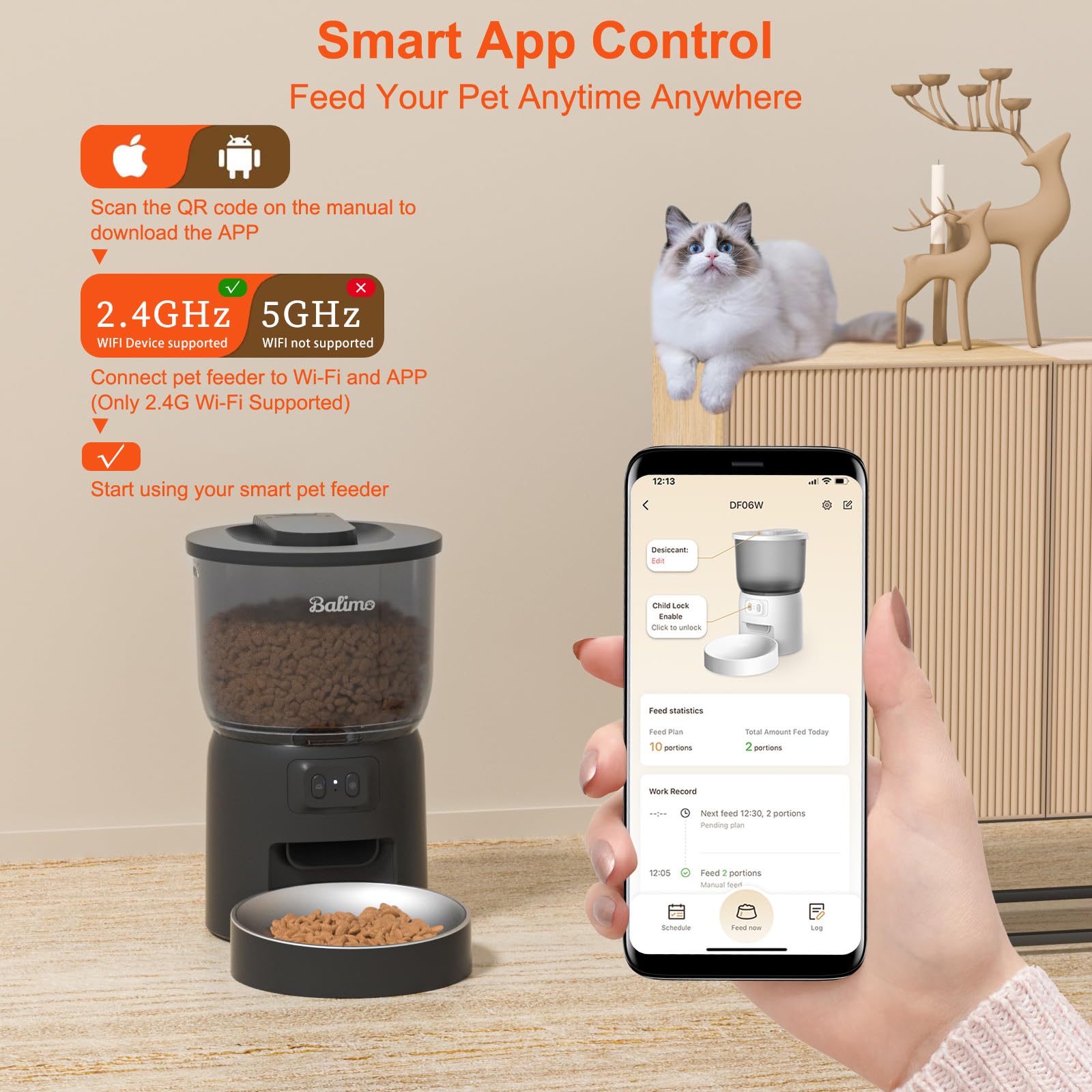 Balimo Distributore Automatico Cibo Gatti, 2.4G WiFi Dispenser Crocchette Gatto, 3L Distributore Automatico Cibo Cani, Adatto Controllo App, Da 1 a 10 Pasti al Giorno, Nero