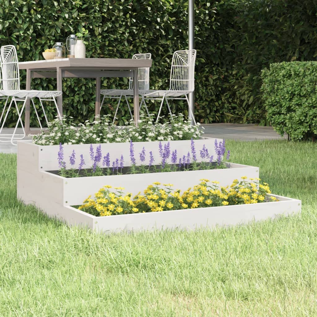 Donica biala 78x78x27 cm lite drewno sosnowe schodkowa skrzynia na kwiaty i rosliny do ogrodu tarasu balkonu dekoracyjna stabilna