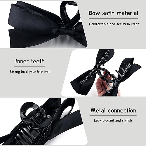 Miniatura 5 de Zkptops 4 pinzas para el cabello con lazo para mujeres y niñas, con borlas de satén, bonitas, grandes, naturales, antideslizantes, color negro y