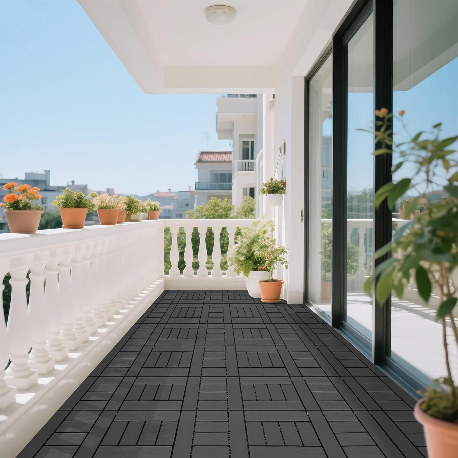 Interlocking Deck Tiles, 44 Pack, 12" x 12" Waterproof Indoor Outdoor Flooring All Weather Use, Non-Slip, Running Bond Pattern Decking Tiles for Porch Poolside Backyard Balcony Garage, Dark Gray