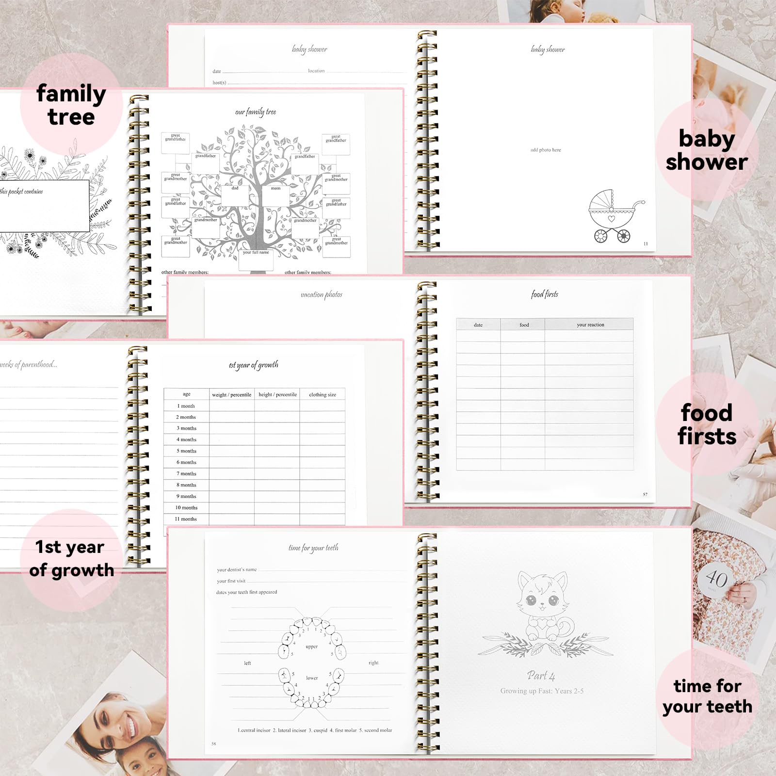 Libro dei ricordi per bambino o ragazza senza tempo per i primi 5 anni, libro di lusso per bambini, pietra miliare, libro neutro per album fotografici, album fotografico per baby shower, per neo