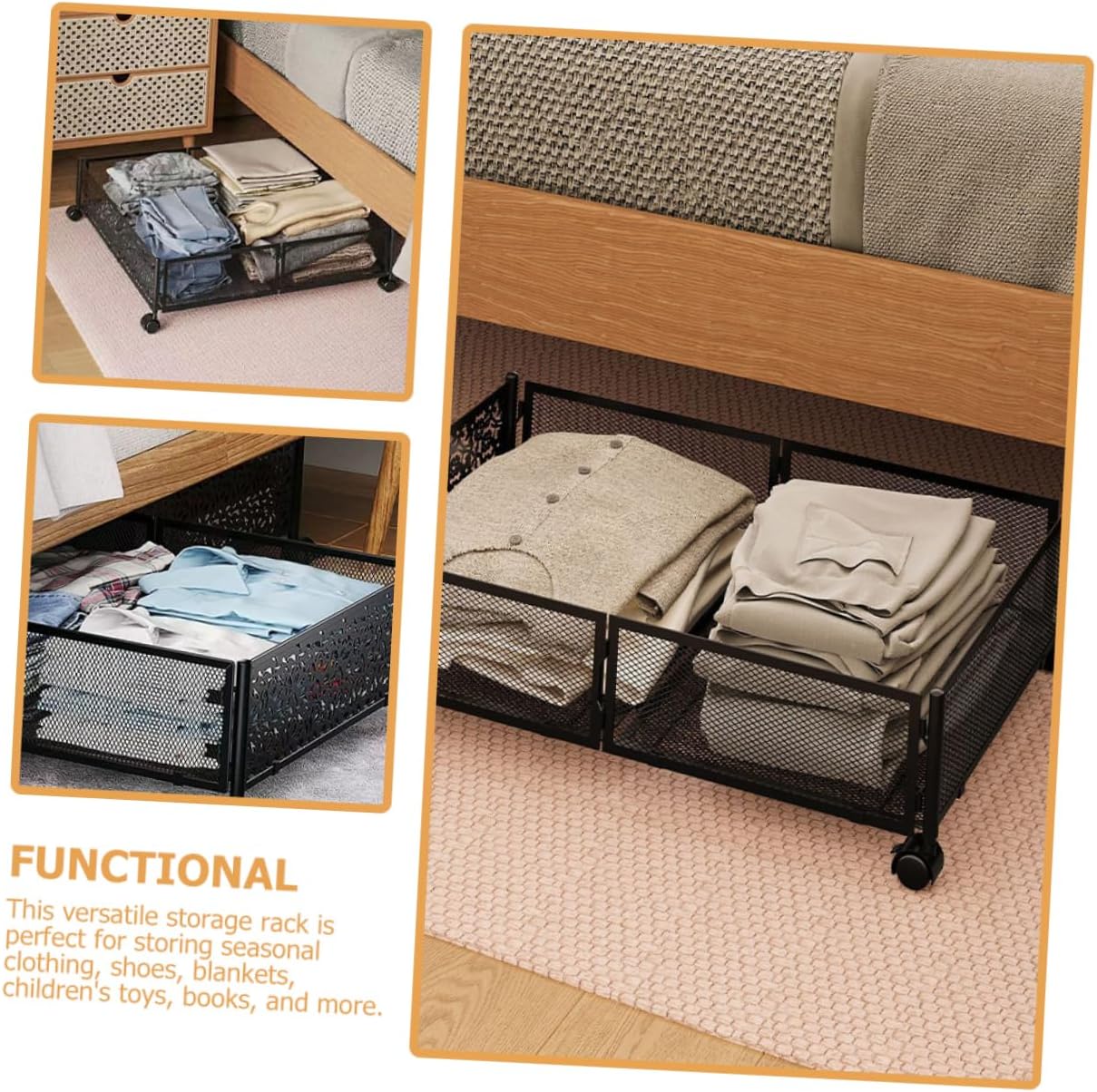 ABOOFAN under Bed Storage Rack Stainless Steel Organizer Wheels for Clothes Shoes and Blankets Stylish Mesh Design for Space-saving Storage