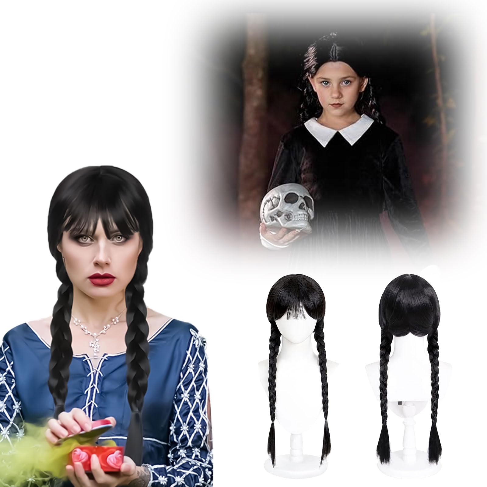 Parrucca Donna Addams, Halloween Parrucca Nera Lunga Intrecciate per Costumi Cosplay