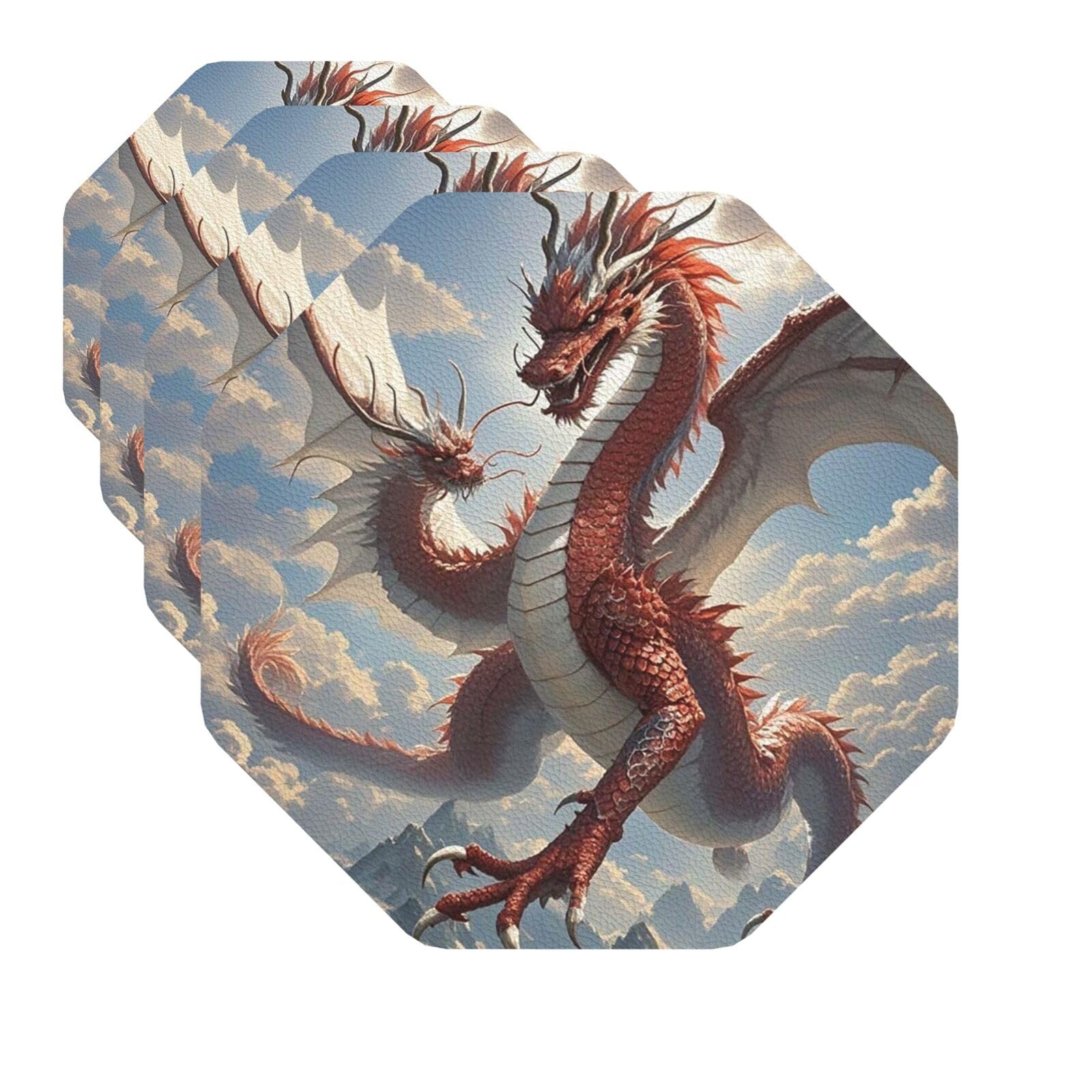Drink Coasters Set of 4 Quick-Dry Leather Coaster Chinese Dragon Coasters for Drinks Coffee Cup Mat Tabletop Protection Heat Resistant Coaster for Kitchen Bar Office Home Decor