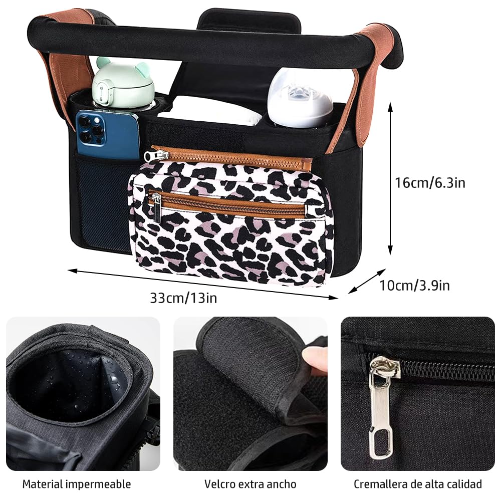 Borsa organizer per passeggino, borsa organizer per passeggino con portabicchieri isolato e tracolla regolabile, per pannolini e giocattoli, passeggino con 2 ganci (leopardo)