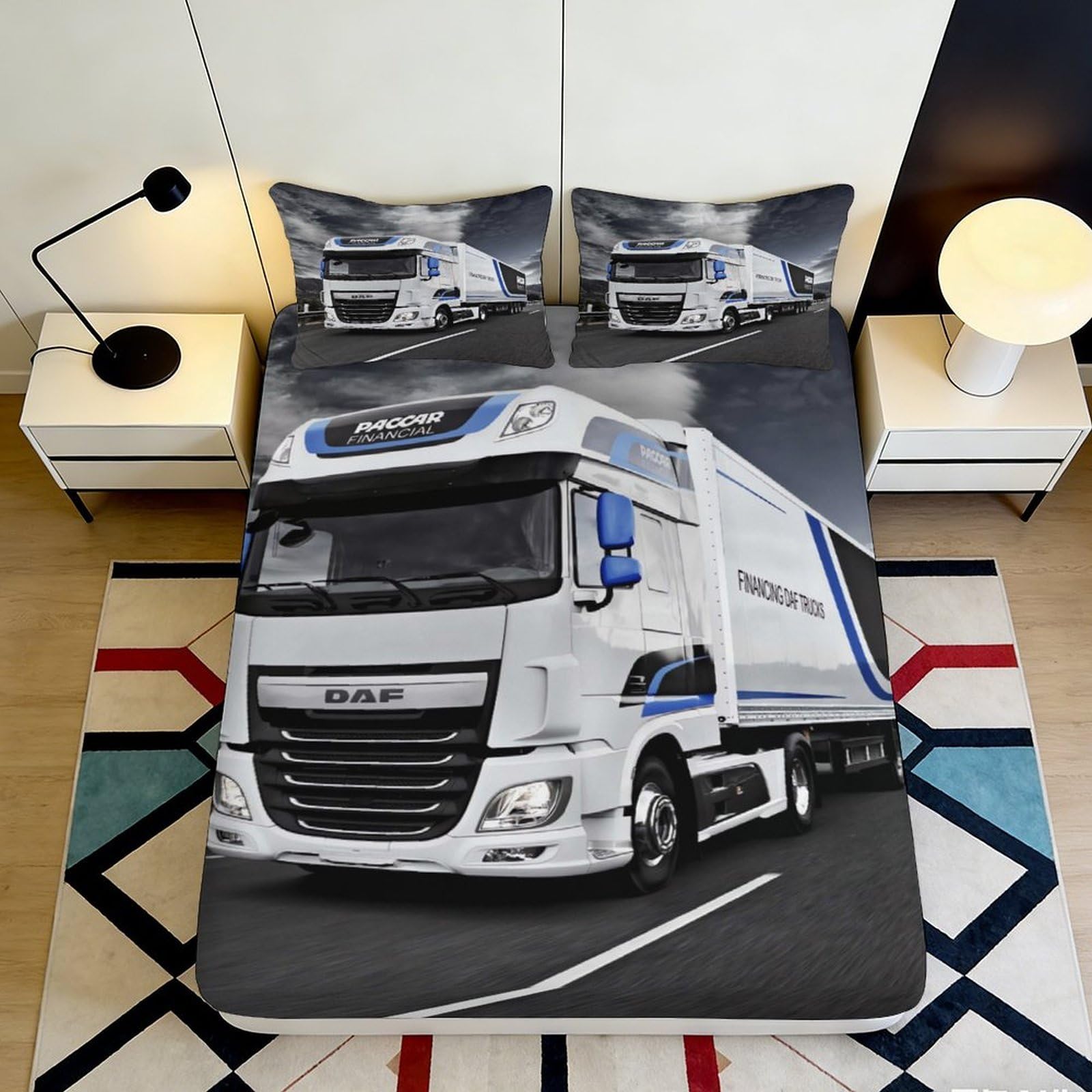 3D Printed Truck Pattern Fitted Sheet Microfiber Durable Soft 3D Printed Semi Truck Mattress Cover for Bedroom Guest Room Dormitory Protection 140x200x25cm