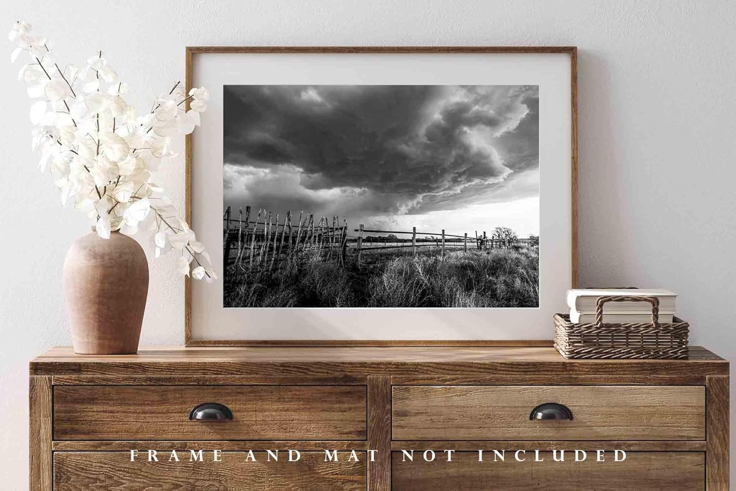 Western Photography Print (Not Framed) Black and White Picture of Storm Over Old Wooden Fence in Oklahoma Thunderstorm Wall Art Country Decor (20" x 30")