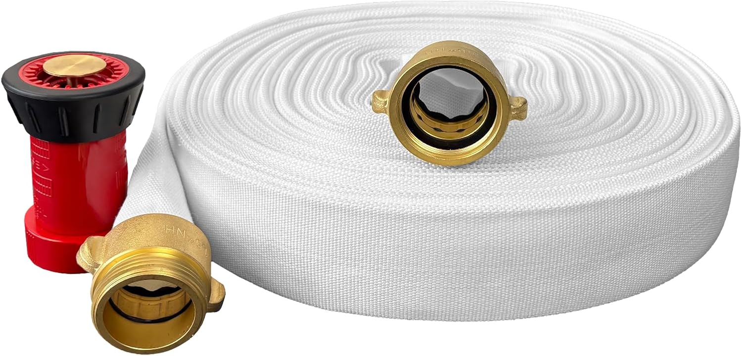 Fire Hose 1-1/2" ID x 100 ft Single Jacket TPU, Featuring M × F NST/NH Brass Couplings and Fire Hose Nozzle, 750 PSI Burst Pressure (100 ft)