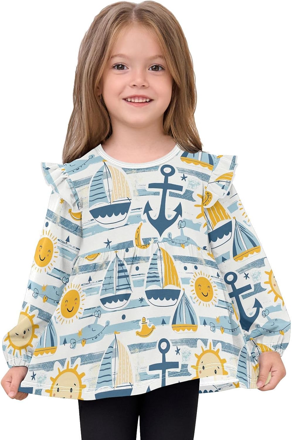 visesunny Toddler Clothes for Girls Blue Striped Boat Sun Long Sleeve Fall Shirts Cotton Top with Ruffle Collar
