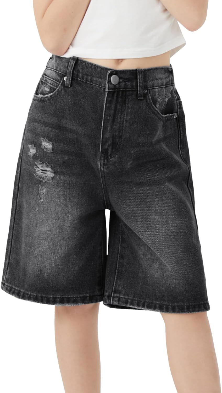 Girls Jeans Shorts Ripped Denim Bermuda Elastic Waist Bottom Trendy Cotton Summer Clothes for Kids