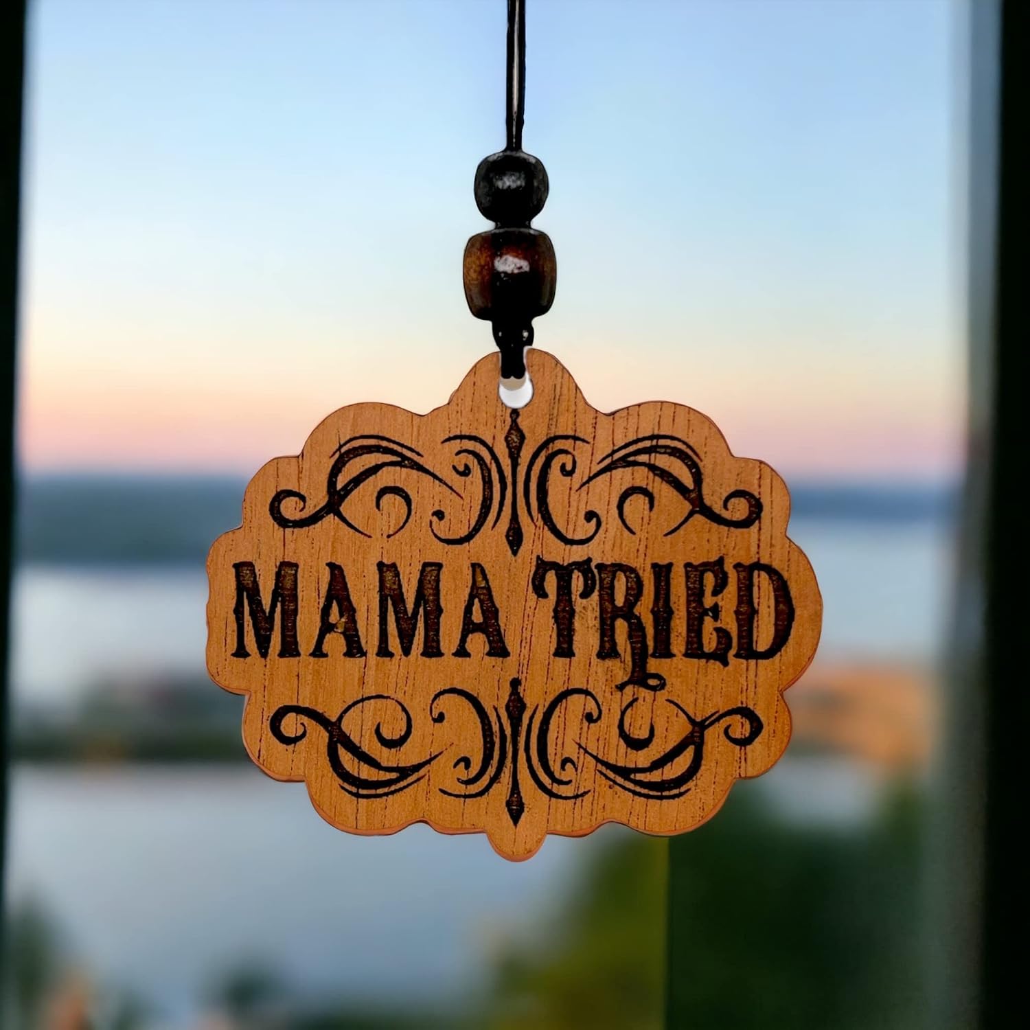 Personalized Car Air Freshener, Wood Diffuser and Fragrance Oil Set, Custom Message, Rearview Mirror Charm, Mama Tried Auto Accessory for Men or Women (Warm Vanilla Sugar)