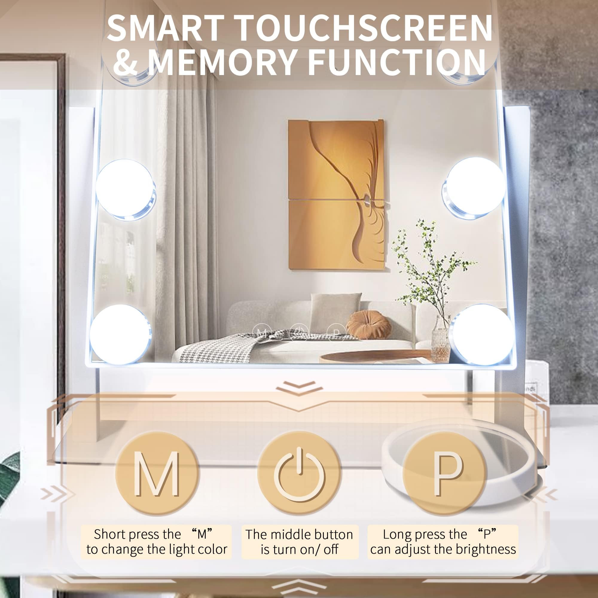 Specchio cosmetico Hollywood con luci, 9 lampadine LED dimmerabili, specchio per il trucco con specchio rimovibile con ingrandimento 10x, ricaricabile da 1200 mAh, luci a 3 colori, regalo per donne