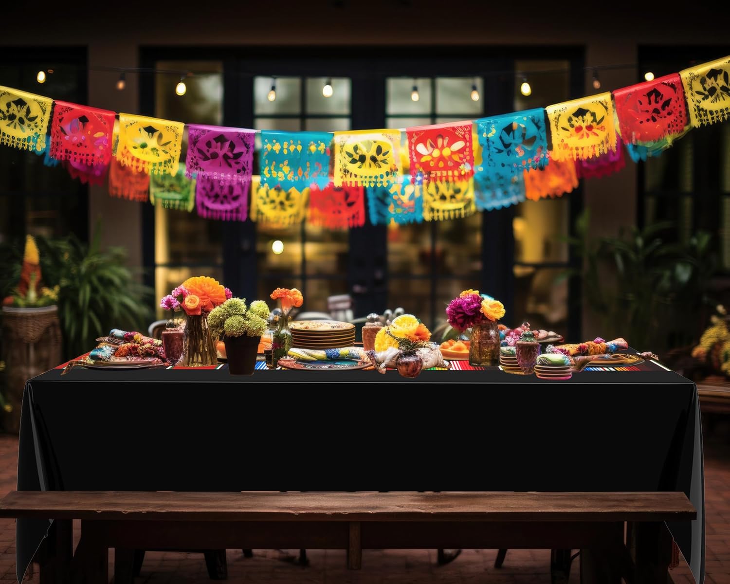 Oudain 162 Pcs Mexican Party Decorations 2 Mexican Serape Tablecloth Dia De Los Muertos Rectangular Mexio Party Plates Serape Napkins Fiesta Theme Dinnerware Set(Black Background)