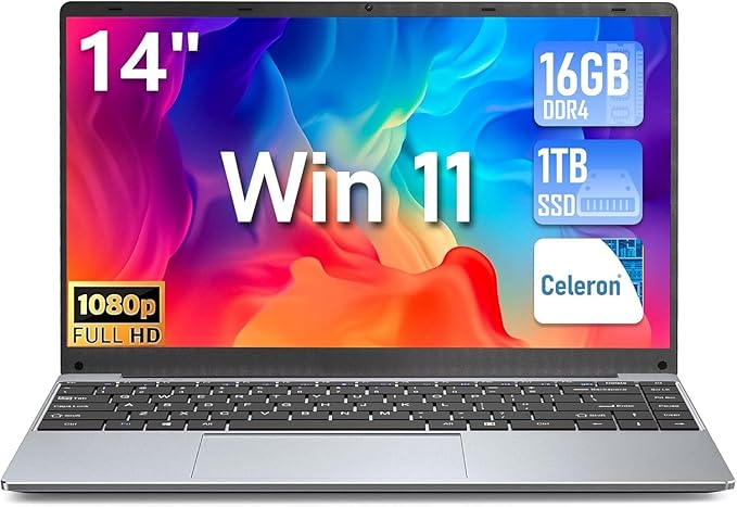 Ordinateur Portable 14 Pouces Win 11 Pro 16Go RAM 1To SSD Celeron N5095 jusqu'à 2,9 GHz PC Portable Soutien Extension TF 1TB 4 Cœurs 5G WiFi 1920x1080 FHD BT 5.0 USB 3.0 HDMI Convertible 180°