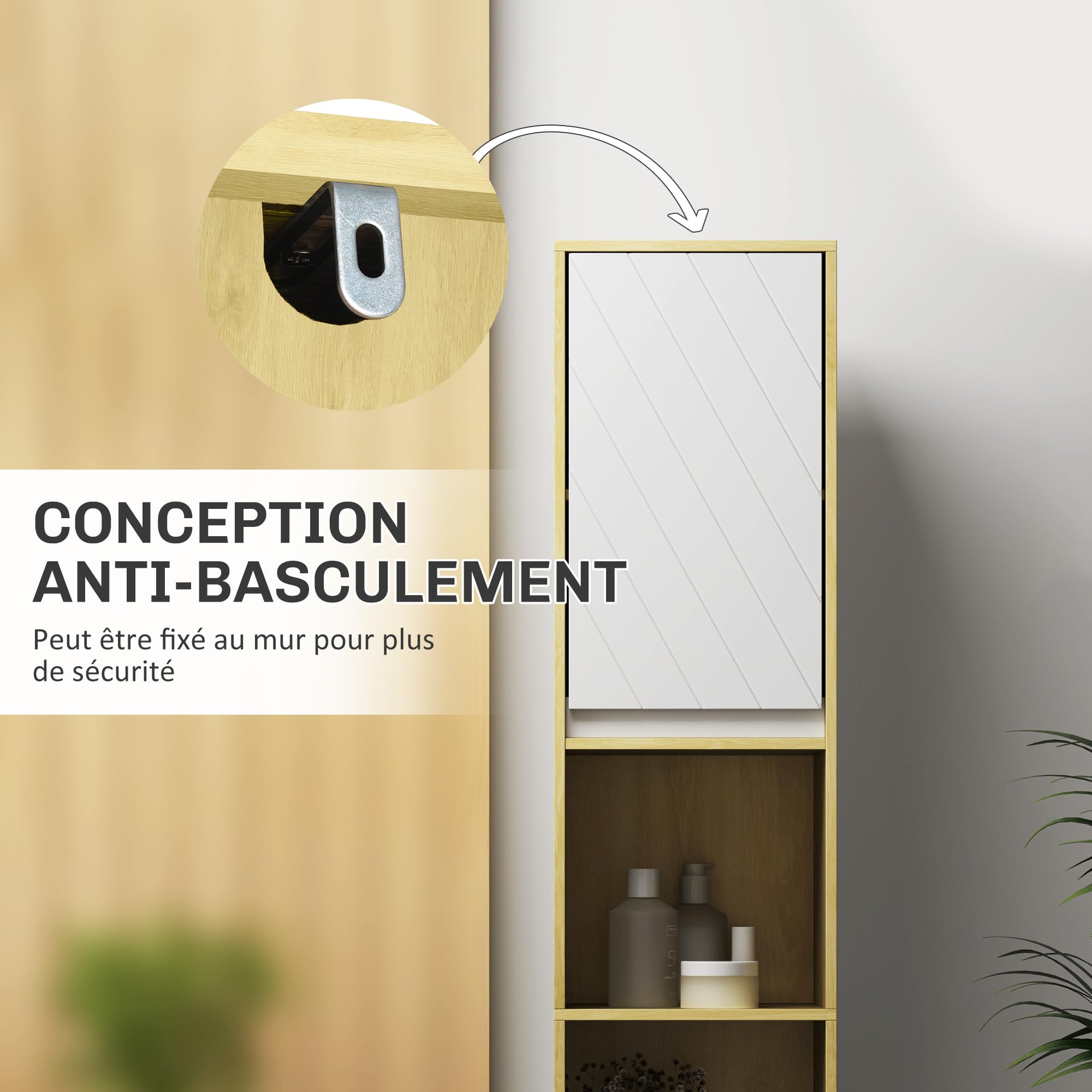 HOMCOM Meuble Colonne Salle de Bain à 6 Niveaux 30x24x170cm Chêne Blanc | Meuble de Rangement Étroit, 2 Portes, 2 Compartiments Ouverts, Étagère Réglable, pour Toilette, Petits Espaces