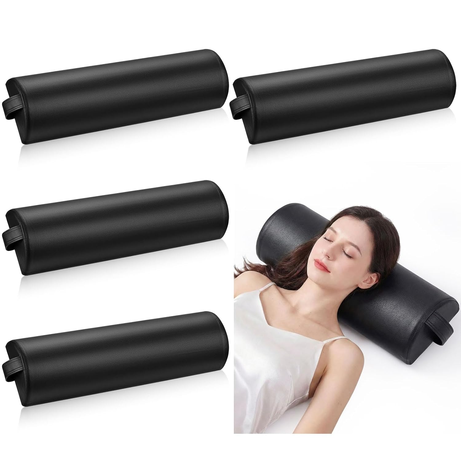 Ripeng 4 Pcs Half Round Massage Table Bolster Pillow Pad with Strap Handle, Semi-Round Bolster Pillow, 6" W x 3" H x 21" L Bolsters Support Pad for Massage Yoga Spa Neck Under Knee Ankles Pain Relief