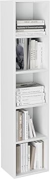 Bookcase 5 Tier Cube Storage Bookshelf shelving Display Storage unit Tall Freestanding Open Narrow Book Shelf for Office, Living Room, Bedroom, Furniture, White H132 x W30 x D24 cm