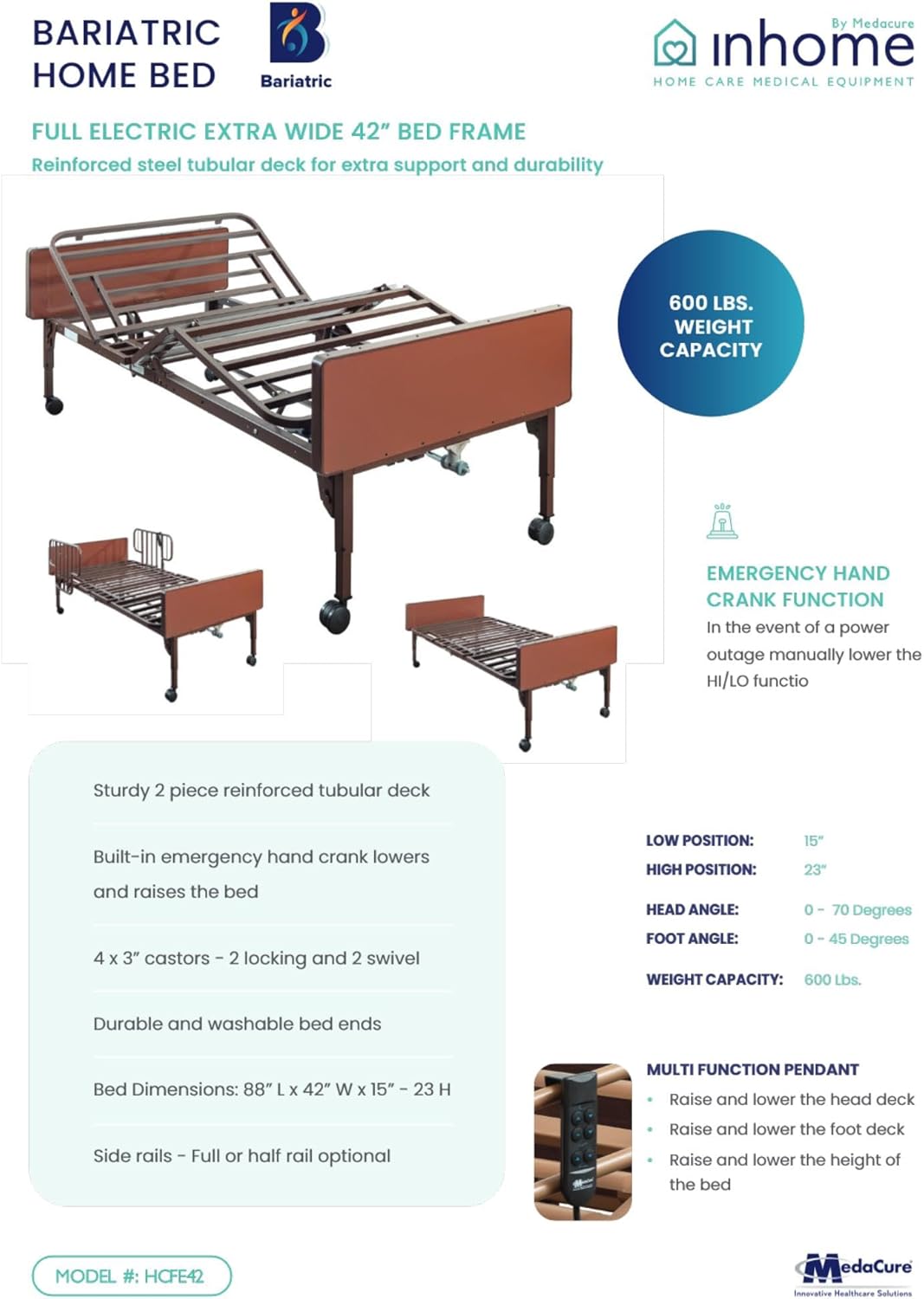 Medacure Bariatric Full Electric Home Bed, Extra Wide Deck, 600 lbs Weight Capacity, 3 Function Pendant, PROEX Foam Mattress. 42x80 Sleep Surface.