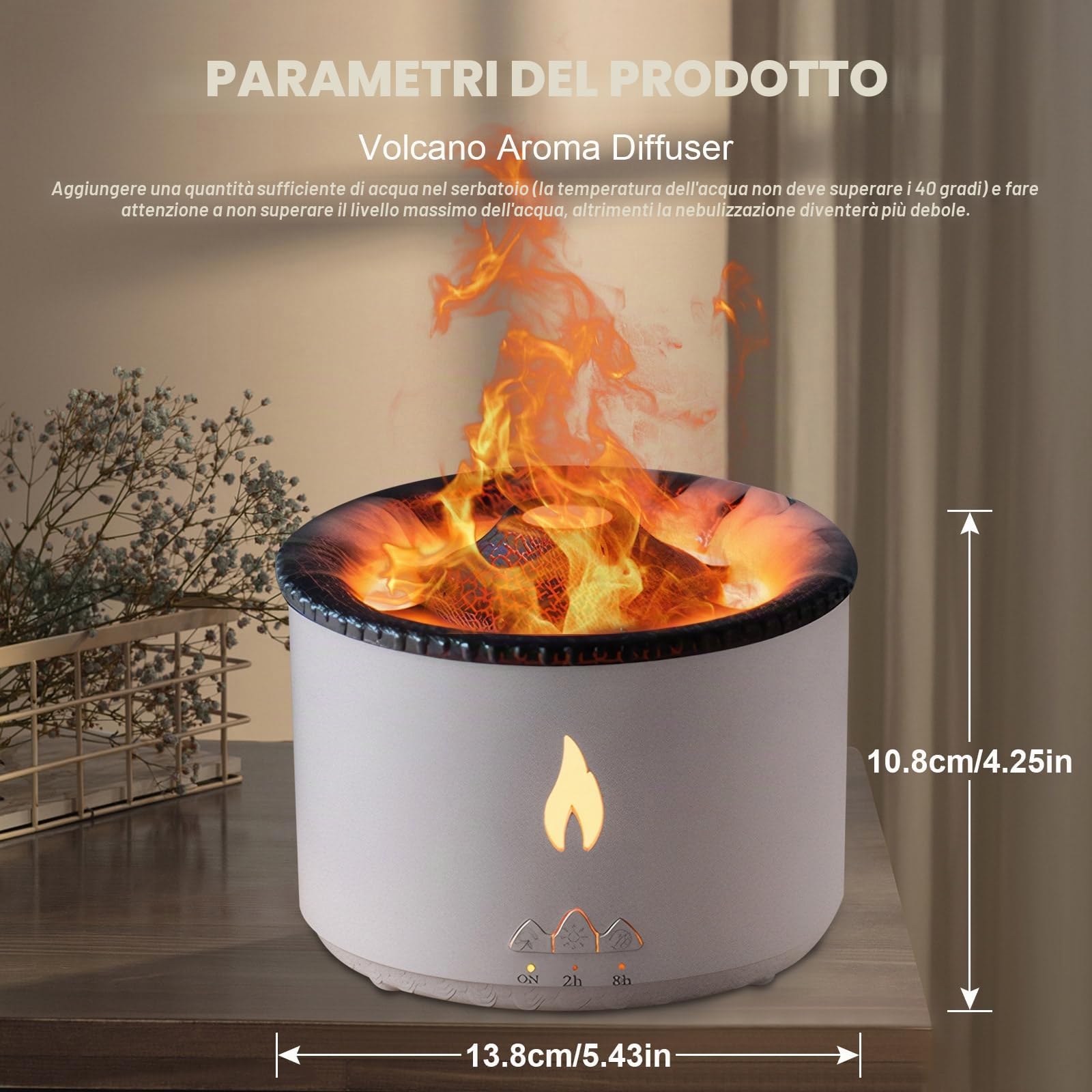 Diffusore di Aroma a Fiamma per Umidificatore Vulcano: Diffusore di Profumo Ultrasonico per Oli Essenziali 300ml Grande Capacità 2-in-1 con Timer Funzione per Camera da Letto (Senza Telecomando)