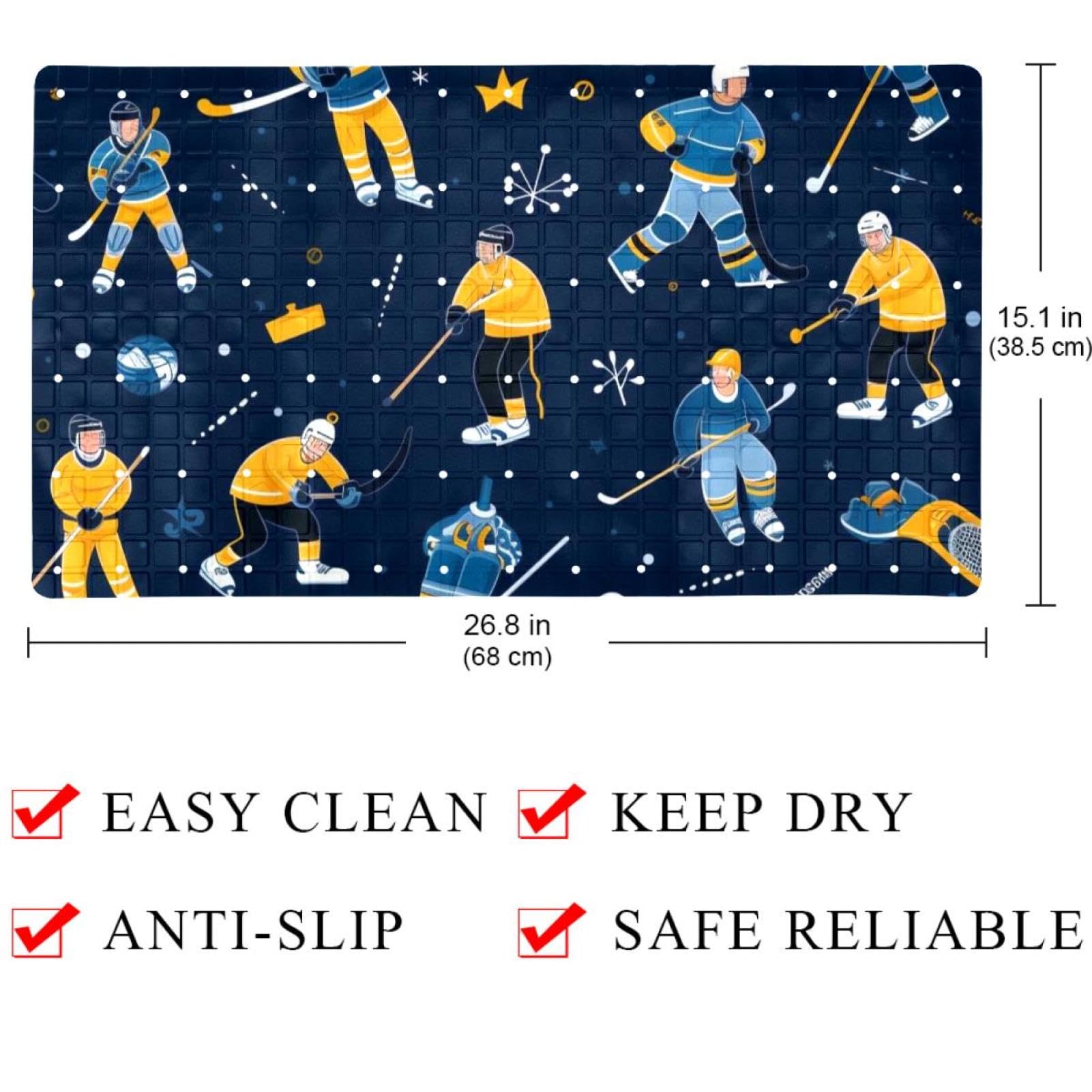 Tapis de bain antidérapant, tapis de bain pour baignoire, tapis de douche avec trous de drainage, ventouses, 38,5 x 68 cm, motif mignon de hockey sur glace