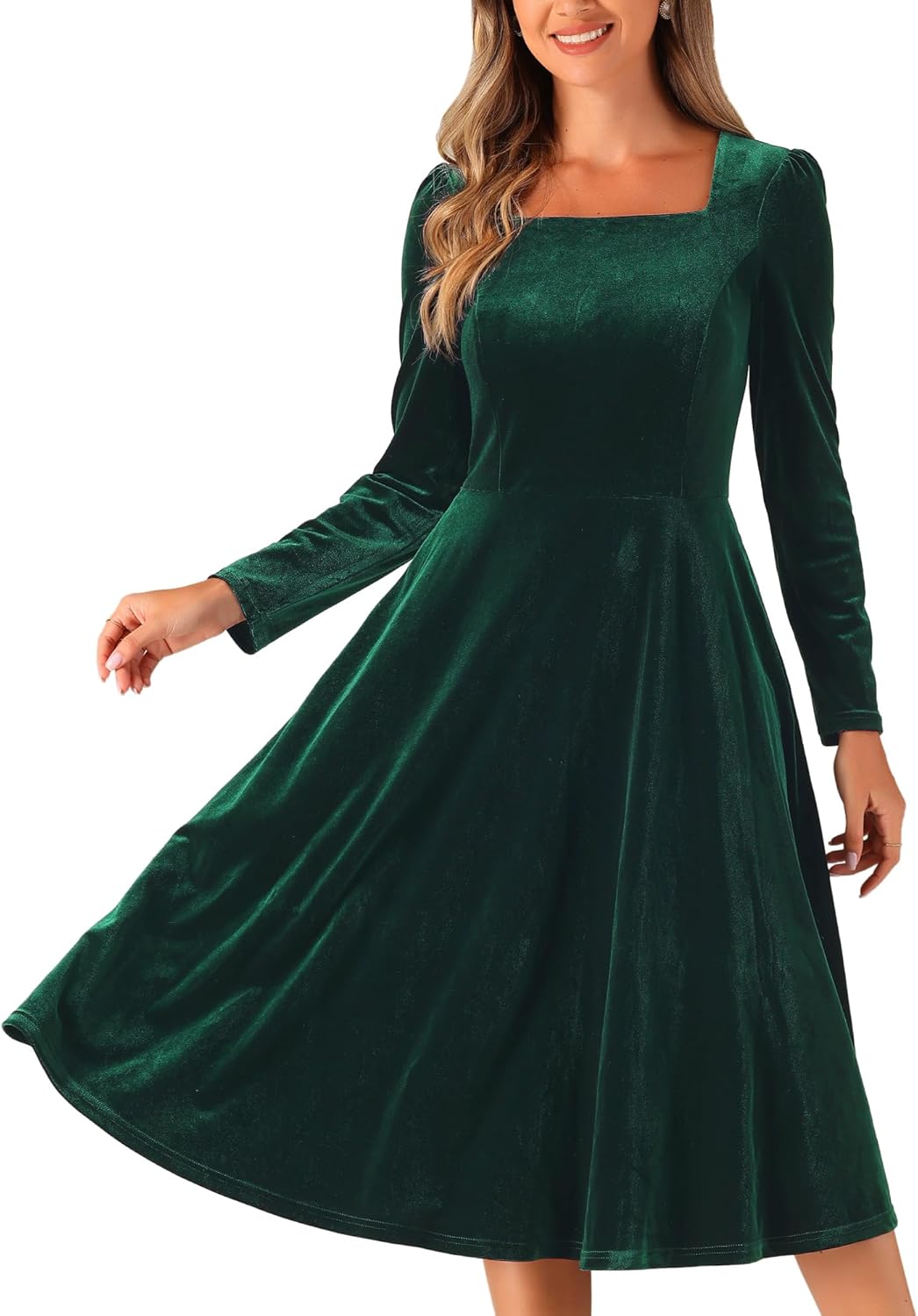 Allegra K Square Neck Dress for Women's Pocket High Waist Puff Long Sleeve Elegant Velvet Dresses X-Small Dark Green