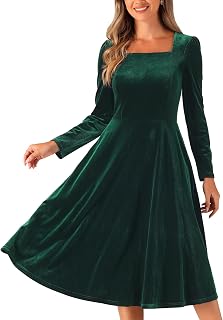 Square Neck Dress for Women's Pocket High Waist Puff Long Sleeve Elegant Velvet Dresses