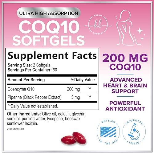 Miniatura 2 de Suplemento CoQ10 de 200 mg Ultra Alta Absorción, Antioxidante para la Salud del Corazón y Apoyo a la Producción de Energía Coenzima Q10