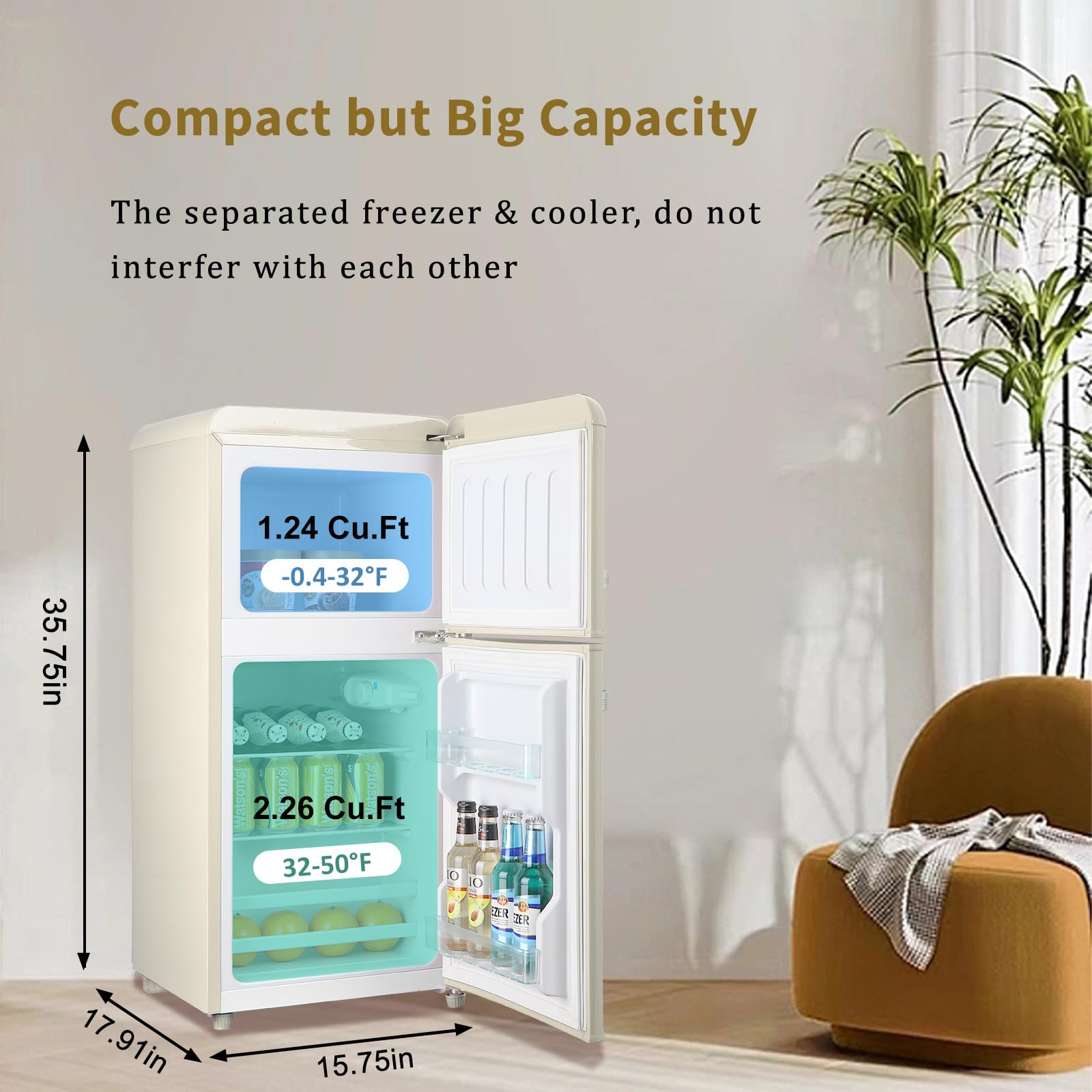 AXUTL Refrigerator with Freezer Retro Mini Fridge Bedroom Dorm Cream White 3.5 Cu.ft Compact Small for RV Apartment 2-Door Design on Fridge.com