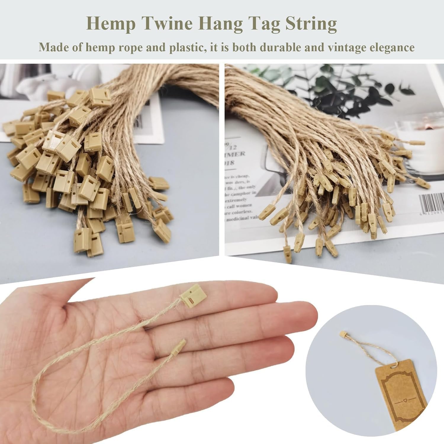 400Pcs Hang Tag String, 7.1-inch Hemp Twine Hanging Tag String Fastener Snap Lock Pin Loop Fastener 1 mm Thick Tag Rope Ties for Clothes Shoes Bags Luggage Label Price Tags, SATONBEYI