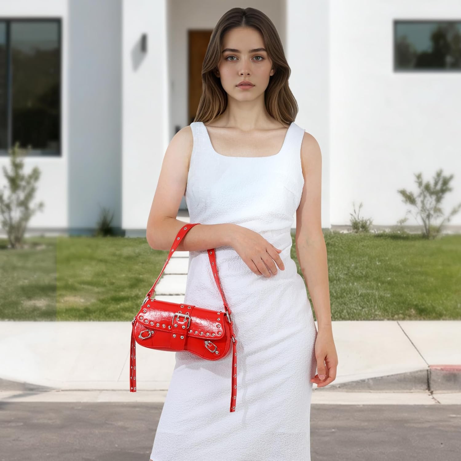 Oweisong Women Y2K Purse Vintage Studded Saddle Bag Punk Goth Rivet Top Handle Bag for Ladies - Image 2