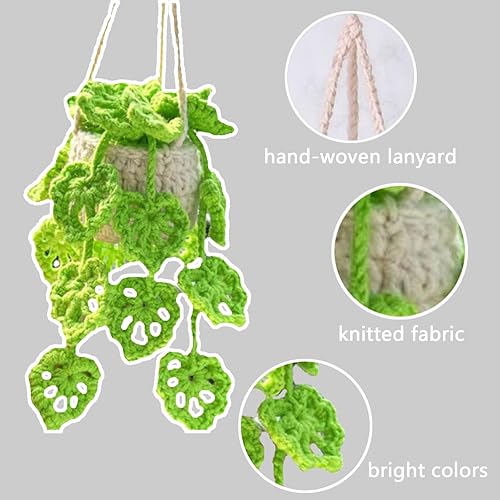 Miniatura 10 de Accesorios de coche de ganchillo,Lindas plantas en maceta Crochet Car Mirror Hanging Accesorios,Accesorios de espejo retrovisor de punto hecho a