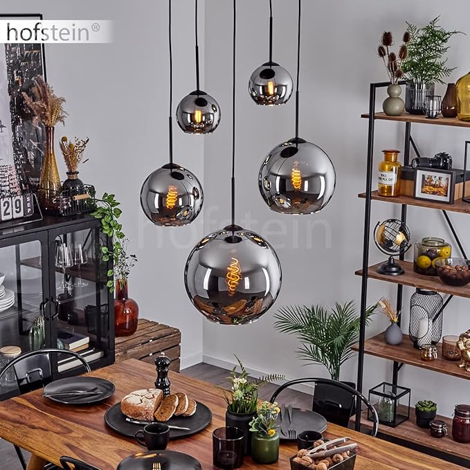 hofstein Koyoto hanglamp, metaal/glas hanglamp in zwart/chroom kleur, retro design met glazen kappen (Ø2 x 15 cm; 20 cm; 25 cm; 30 cm), hoogte max. 173,5 cm, 5 lampen, 5 x E27, gloeilampen niet inbegrepen photo 2