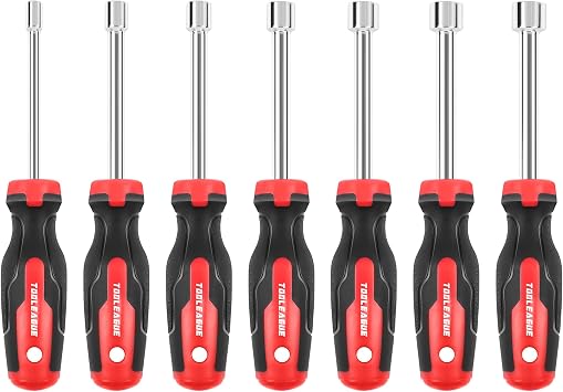 TOOLEAGUE 7Pcs SAE Nut Driver Set - 3/16, 1/4, 5/16, 11/32, 3/8, 7/16, 1/2 Inch, 3.5 Inch 1 Inch Hollow, 2.5 Inch Solid Shaft Nut Driver with Pass Through Design