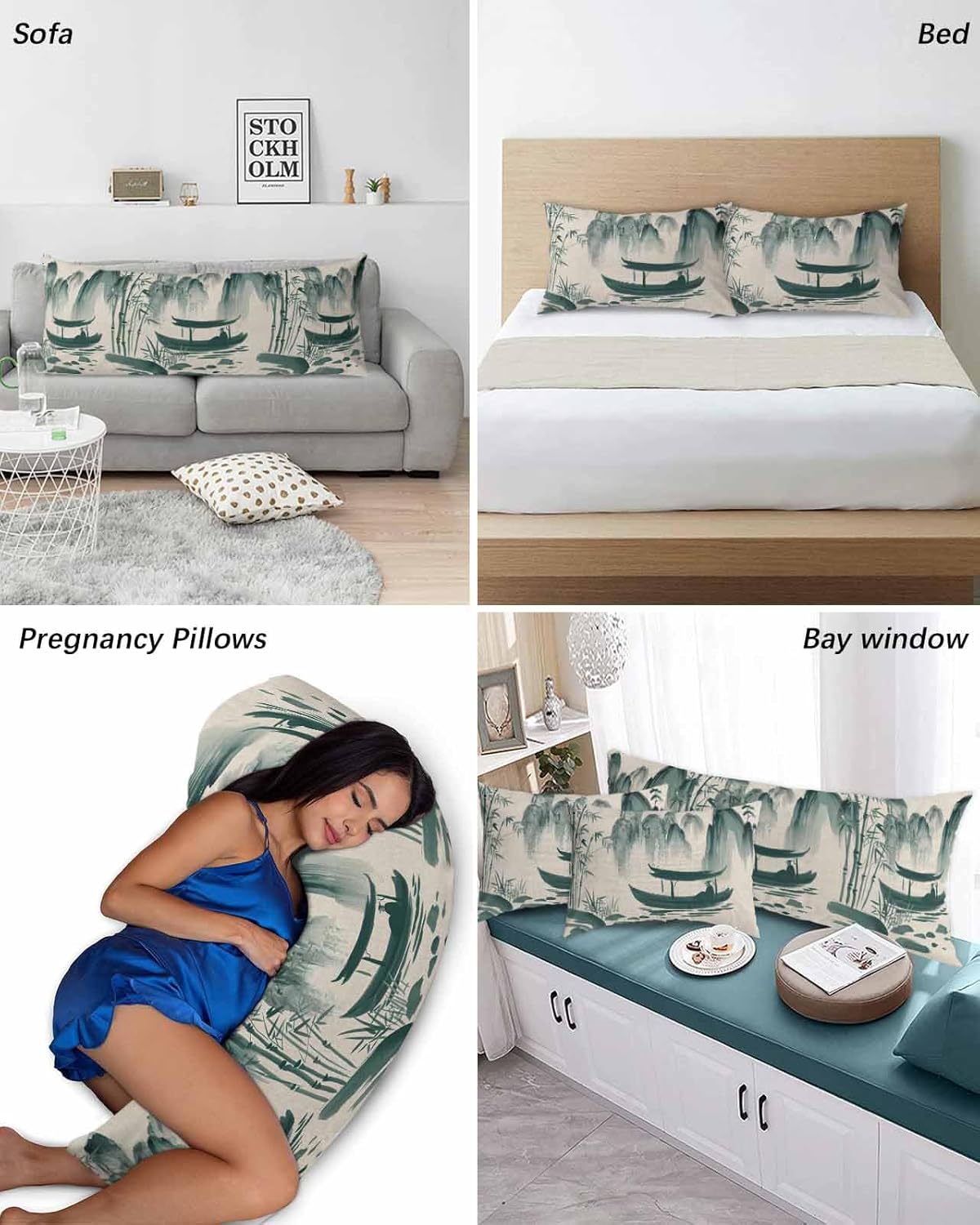 Traditional Chinese Body Pillow Covers 20x54 Side Sleeper Pillow, Plush Soft Comfort for Hair/Skin Cooling Pillowcases with Envelop Closure for Bed Sofa Classic Mountain Floral Boat Painting