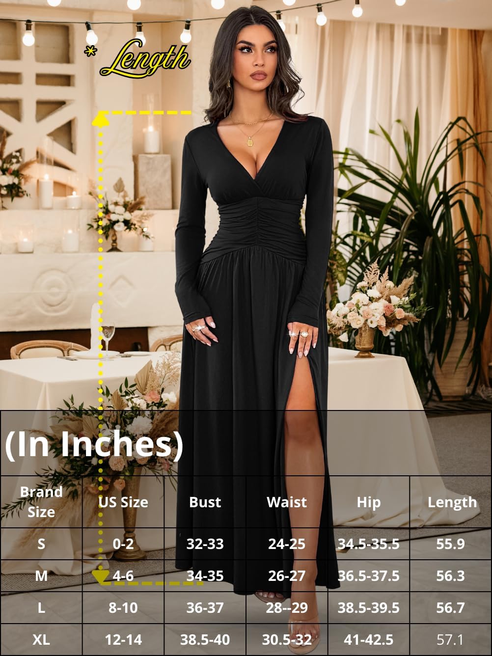 Kaei&Shi Long Sleeve Formal Dress,Deep V Neck High Slit Ruched Dresses for Women,Elegant Cocktail Wedding Guest Outfit