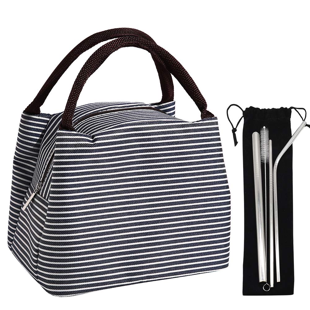 Durable Insulated Lunch Bag, Picaru Reusable Waterproof Tote Bag Lunch Container Foldable Organizer with Stainless Steel Metal Straws for Men Women Work Picnic or Travel Small(Blue)