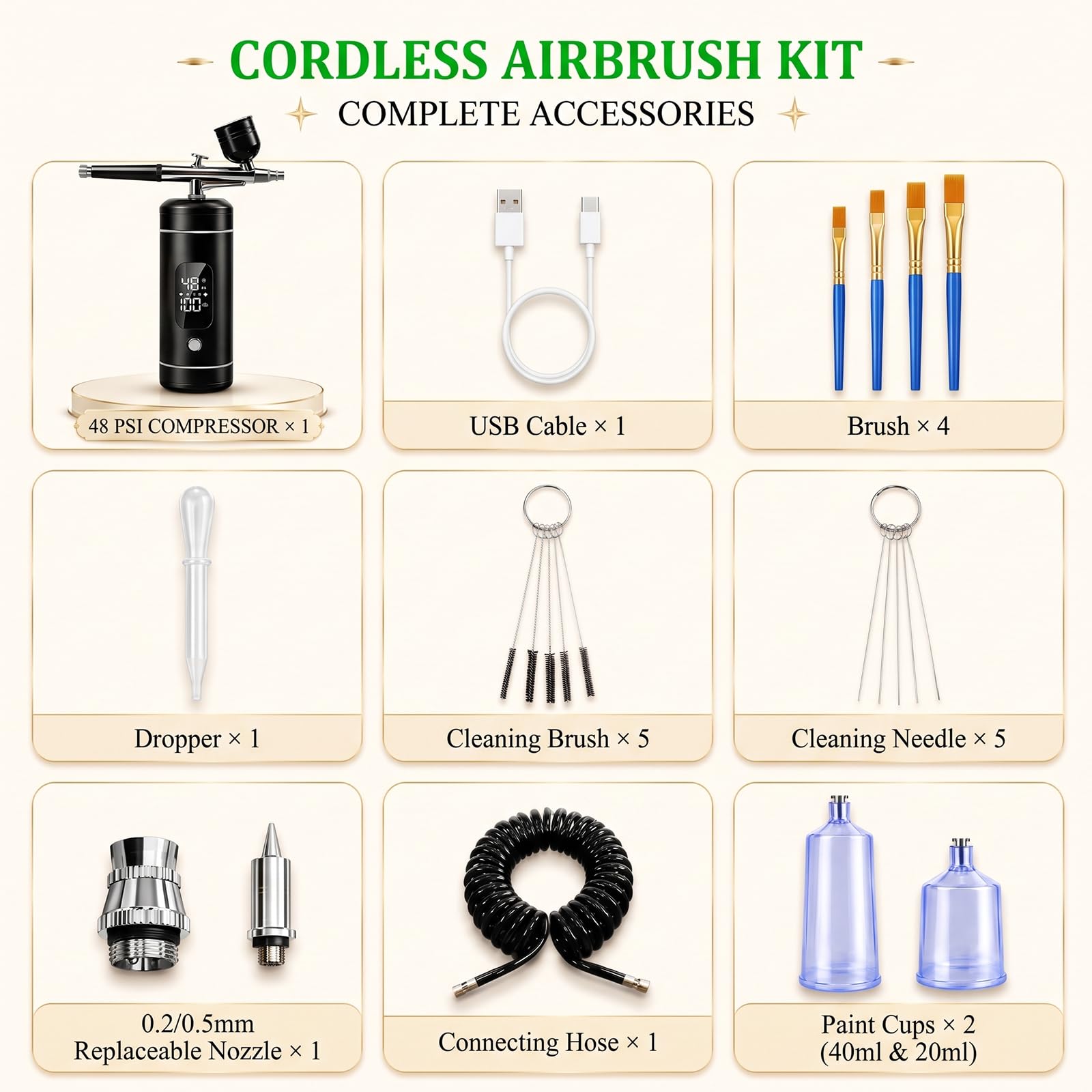 Kit aérographe sans fil avec compresseur, haute pression 48 psi, rechargeable 6000 mAh, 3 vitesses réglables, buses de 0,2/0,5 mm et 3 tasses, non obstruant pour gâteaux, maquettes, maquillage